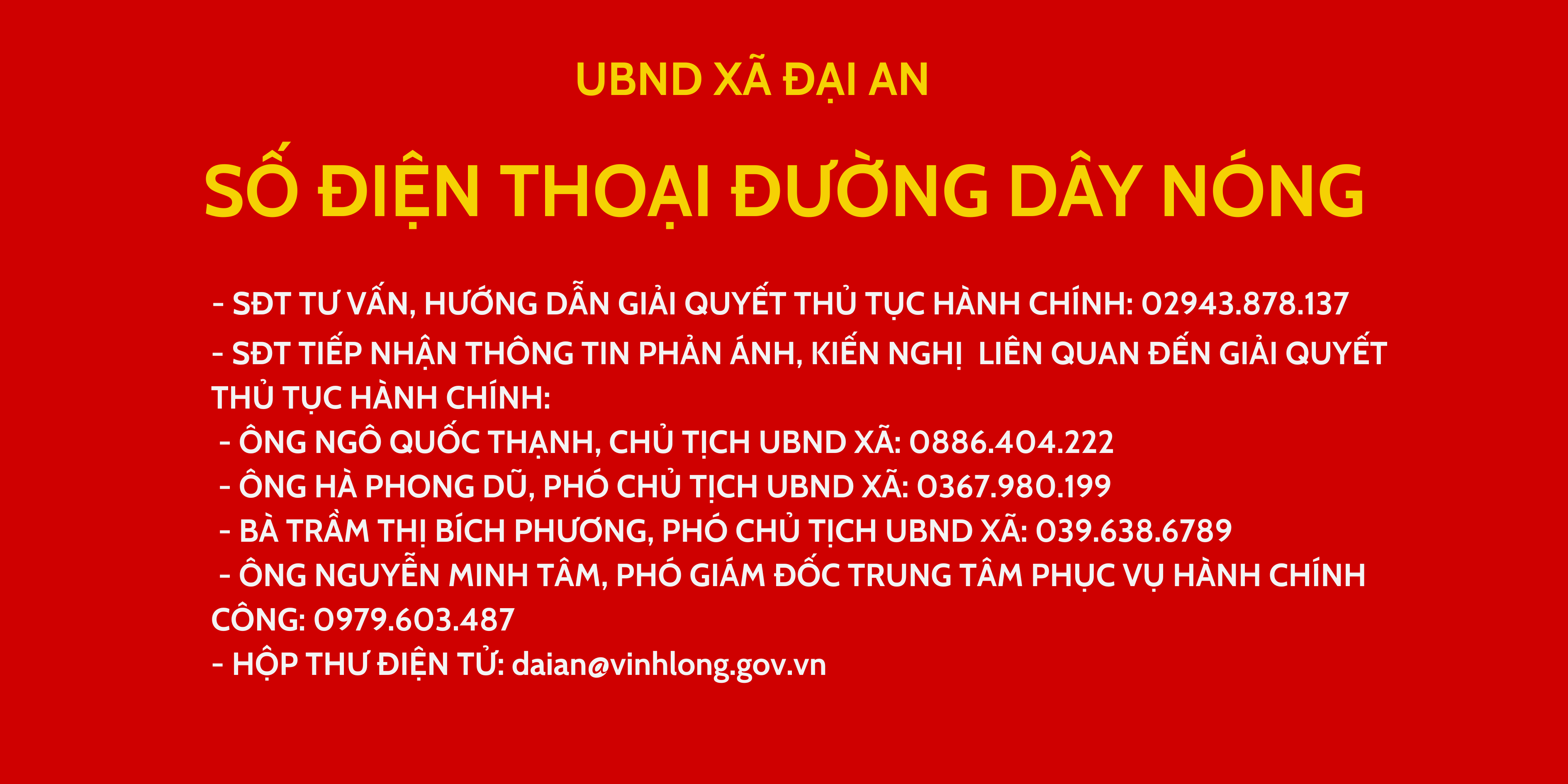 UBND xã Đại An công khai số điện thoại đường dây nóng và hộp thư điện tử

